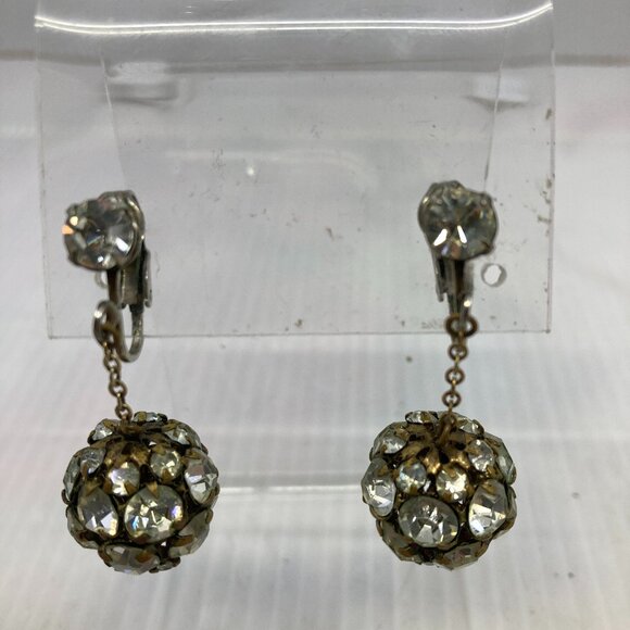Vtg 1960 ball brass crystal rhinestone wedding bridal dangle earrings - Picture 1 of 7